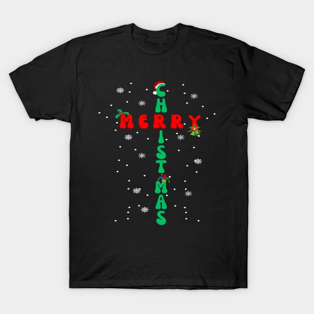 Groovy Christian Christmas Santa hat Jesus Cross and snow T-Shirt by AE Desings Digital